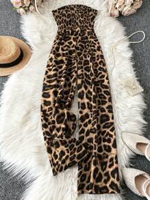 DreamSkyne Mono con estampado de leopardo con pliegues y sin tirantes para mujer de talla grande, de verano - Café integral - Ver 1
