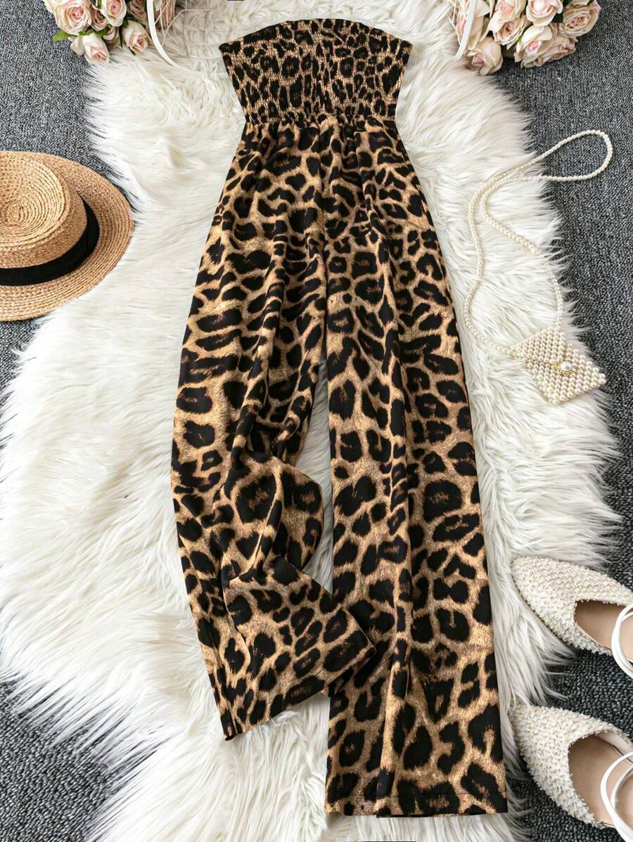 DreamSkyne Mono con estampado de leopardo con pliegues y sin tirantes para mujer de talla grande, de verano - Café integral - Ver 1