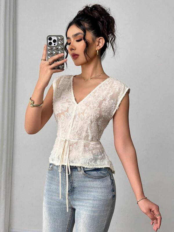 Firerie Women's Elegant Minimalist Vacation Afternoon Tea Outfit Apricot V-Neck Sheer Sleeveless Waist Tie Floral Textured Fabric Blouse, Suitable For Daily Wear, Boho