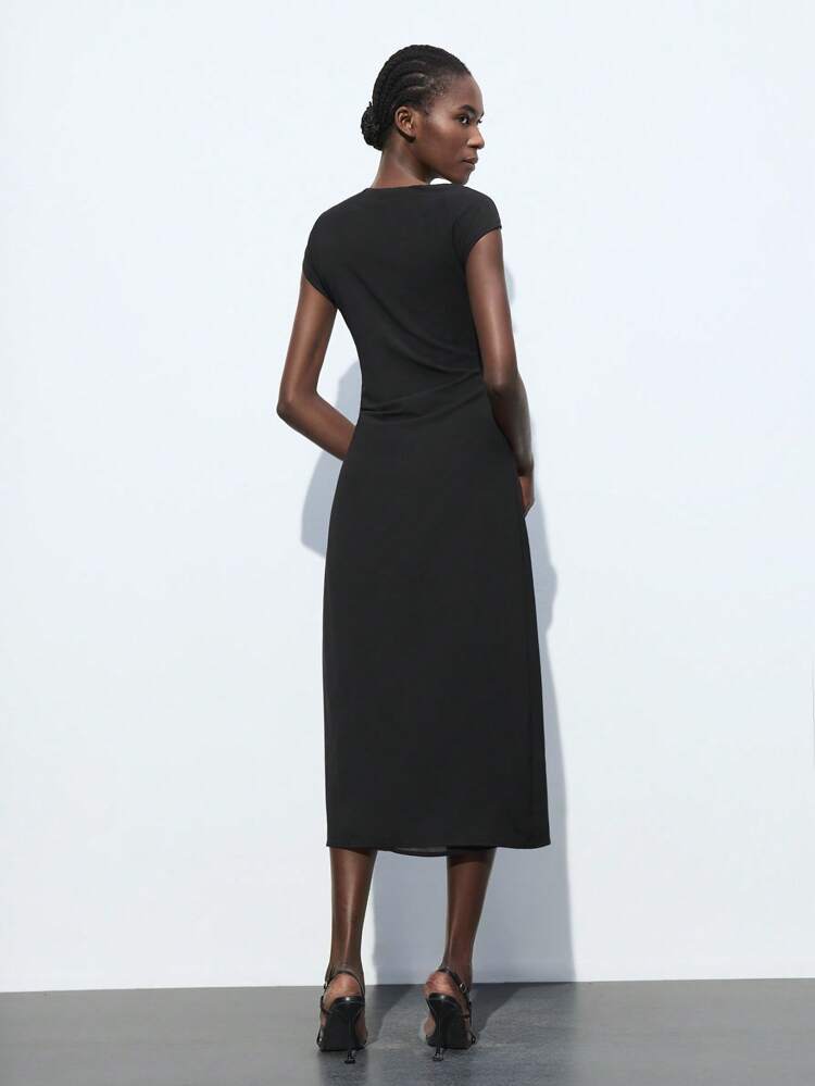 SHEIN Maija Elegant Black Summer Asymmetric Ruched Shoulder Waist Pleated Design Evening Dress,Fashionable For Brunch Night,Going Out Outfits,Graduation,Formal