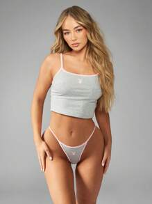 Missguided x Playboy Bộ đồ lót dây và quần lọt khe hở cao bằng vải cotton pha trộn mềm mại, thoải mái khi ngủ, đồ mặc nhà thể thao năng động - Màu Xám nhạt - Xem 3