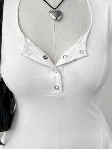 Sweetra 休闲朋克 V 领半襟腰部收褶 A 字形针织连衣裙，大码 - 白色 - 查看 3