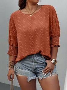 Plus Size Casual Solid Textured Batwing Sleeve Shirt - Rust Brown - View 1