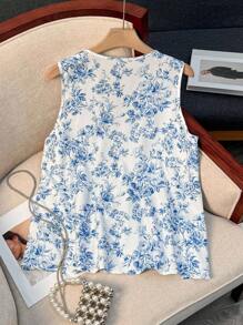 Breezaya Random Print Women's Pleated Hem Floral Pattern Shirt - Blue and White - View 2