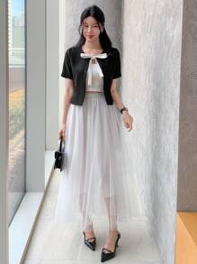 DAZY Chaqueta de mujer con cuello redondo, manga corta, decoración de lazo y bloques de color, linda y casual para el verano