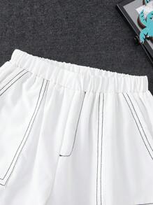 SHEIN 2 件/套年轻男孩休闲装，舒适日常穿着，韩版和日系风格，简约时尚字母印花短袖 Polo 衫和口袋短裤套装，适合春夏季节，日常穿着，运动，郊游，学校，派对，活动，拍照，返校 - 紫色 - 查看 6