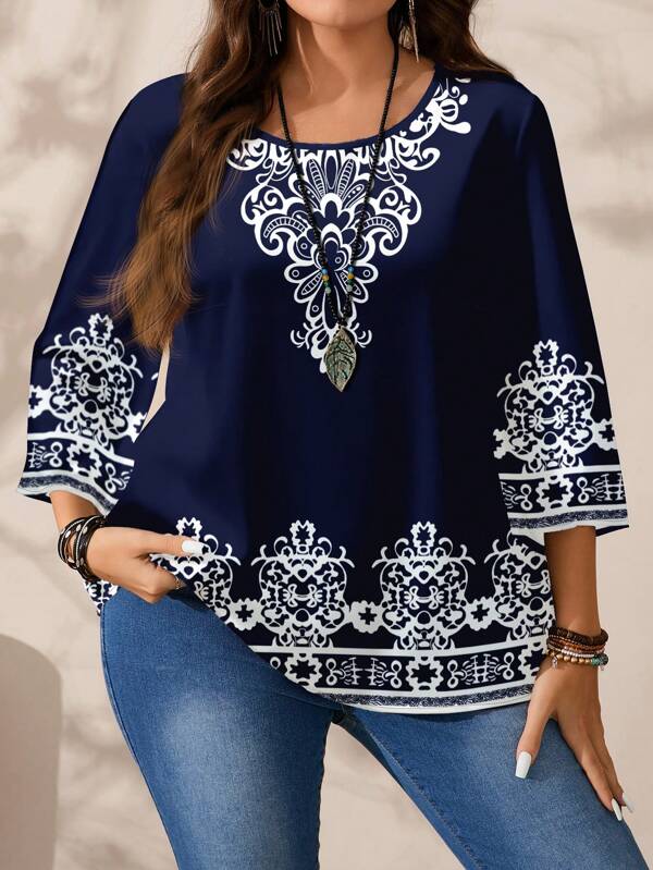 EMERY ROSE Plus Size Women's Blue & White Pattern Print Casual Loose Fit Round Neck 3/4 Sleeve Blouse, Suitable For Summer Autumn