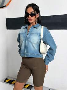 SHEIN Cottnline DENIM CROPPED JACKET WASHED BLUE CASUAL - Medium Wash - View 4