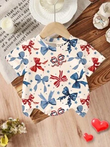 SHEIN Áo thun cổ tròn tay ngắn in nơ toàn thân cho bé gái, thích hợp cho mùa hè - Nhiều màu - Xem 5