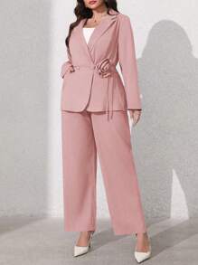 SHEIN Clasi 1 Set Women Plus Size 3D Flower Print Long Sleeve Blazer And Long Pants Graduation,Back To School,Teacher Outfits For Women - Pink - View 5