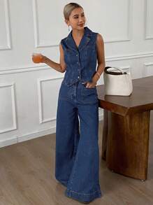 DAZY 2 件套女士休闲牛仔背心和阔腿裤套装，春夏