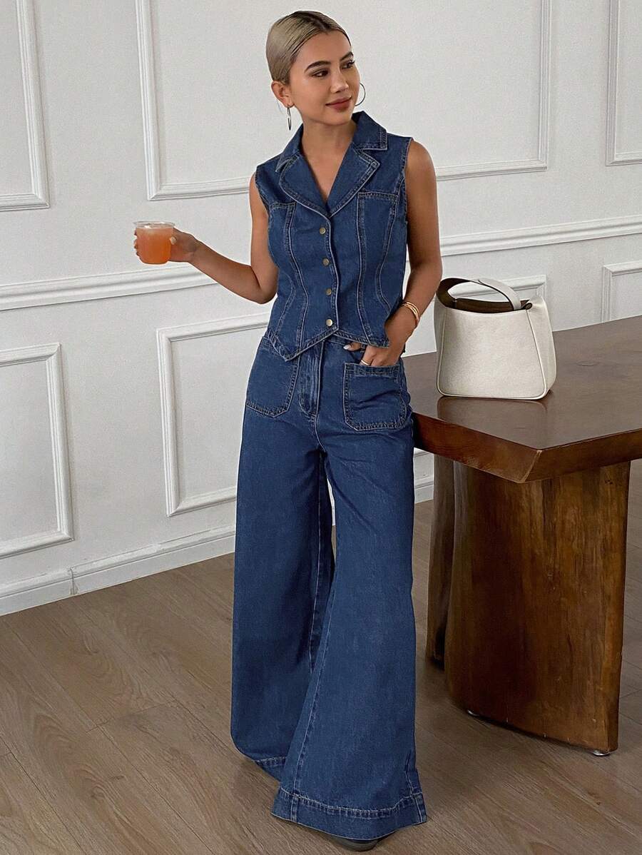 DAZY 2 件套女士休闲牛仔背心和阔腿裤套装，春夏