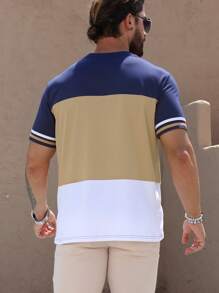 Manfinity Dauomo Camiseta casual ajustada de cuello redondo con mangas cortas a rayas y contraste de color para hombre