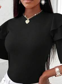 INAWLY Women's Solid Color Round Neck Ruffle Sleeve Fitted Casual T-Shirt - Black - View 3