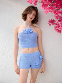 SHEIN Unity مجموعة ملابس علوية ملابس علوية و شورت كاجوال منتجع نسائية، بزخرفة ثلاثية الأبعاد على شكل أزهار، قطعتين - الأزرق - مشاهدة 5