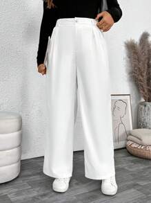 Juhart Plus Size Women Solid Color Pleated Loose Wide Leg Casual Pants Fall Cloth For Women