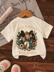 SHEIN Tween Girls Casual Cartoon Letter Print T-Shirt, Summer - Apricot - View 2