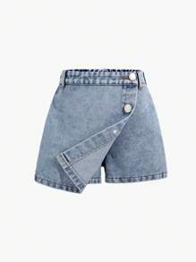 Falda pantalón vaquera casual y holgada con varios colores lavados, diseño bordado de moño, versátil, sencilla y de moda para uso diario para niña joven