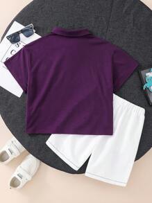 SHEIN 2 件/套年轻男孩休闲装，舒适日常穿着，韩版和日系风格，简约时尚字母印花短袖 Polo 衫和口袋短裤套装，适合春夏季节，日常穿着，运动，郊游，学校，派对，活动，拍照，返校 - 紫色 - 查看 2