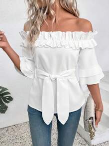 LUMIGAL White Off Shoulder Ruffle Hem Casual Blouse For Women - White - View 4