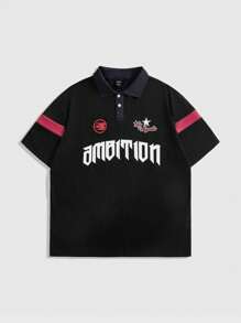 ROMWE MEN Street Life Camicia polo casual estiva da uomo con stampa a ritratto a maniche corte - nero - Visualizzare 2