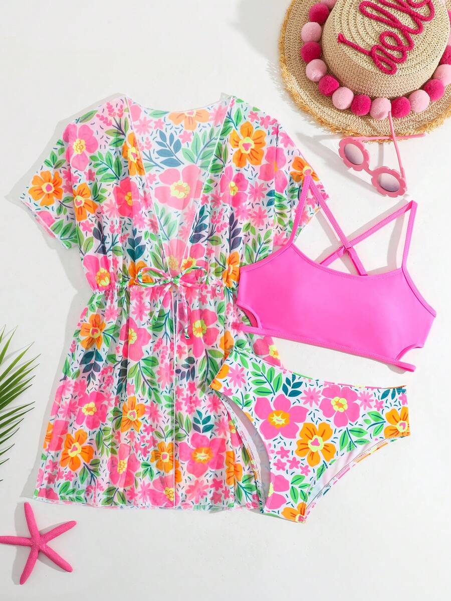 Tween Girl Floral Print 3-Piece Swimsuit Set,White,Summer,Boho,Pool Party,Vacation,Holiday Beach Clothes Girls 14y - Pink - View 1