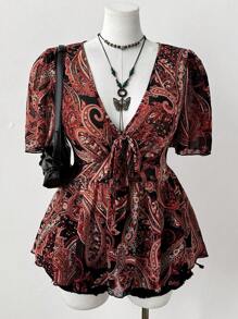 Sweetra Retro einfache lässige vintage DIY locker geschnittene Bluse mit ausgestellten Ärmeln, geschnürter Taille und Vorderbogen Dekor für Frauen