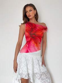 Roylia French Style Asymmetrical Shoulder Ruched Floral Print Slim Fit Women T-Shirt Top - Multicolor - View 3