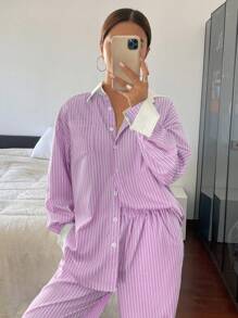 SHEIN Frenchy 2 件女士休闲/商务条纹长袖衬衫和裤子套装 - 淡紫色 - 查看 5
