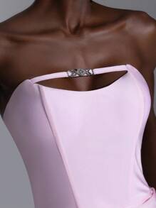 Elitara Elegant Pink Knitted Tube Dress,Unique Asymmetric Hollow Out Metallic Rhinestone High Waist Fishtail Maxi Gown For Women,Party Evening Wedding Guest - Baby Pink - View 2