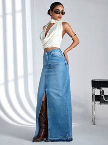 CasuGlow Women'S Denim High Slit Skirt - Light Wash - View 5