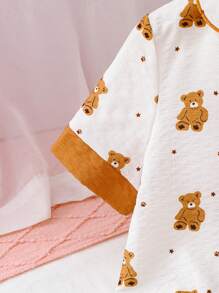 Dozemod Tween Girls Cute Cartoon Bear Pattern Lapel Button Short Sleeve & Loose Weave Pants 2 Pieces Pajama Set - White - View 3