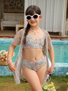 Tween Girl Floral Print Bikini Swimwear Set With Cover Up - Multicolor - View 7