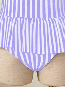 Young Girl Striped Cap Sleeve Modest Summer Swimsuit (Random Print) - Mauve Purple - View 6