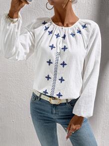 SHEIN LUNE Damen Rundhals geraffter Knopf Halbgeöffneter Laternenkrempel Stickerei Baumwolle Lässig Urlaubs Elegante Bluse