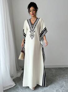 Rafferiza 女士优雅深 V 领印花落肩短袖宽松长裙