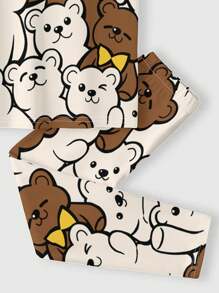 SHEIN 男婴休闲卡通熊印花修身圆领舒适短袖长裤睡衣套装，舒适贴身，适合春夏季 - 彩色 - 查看 4