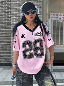 SHEIN Girlism Teen Girl Loose Fit Casual V-Neck Short Sleeve T-Shirt With Ballet Inspired Letter Print, Suitable For Summer