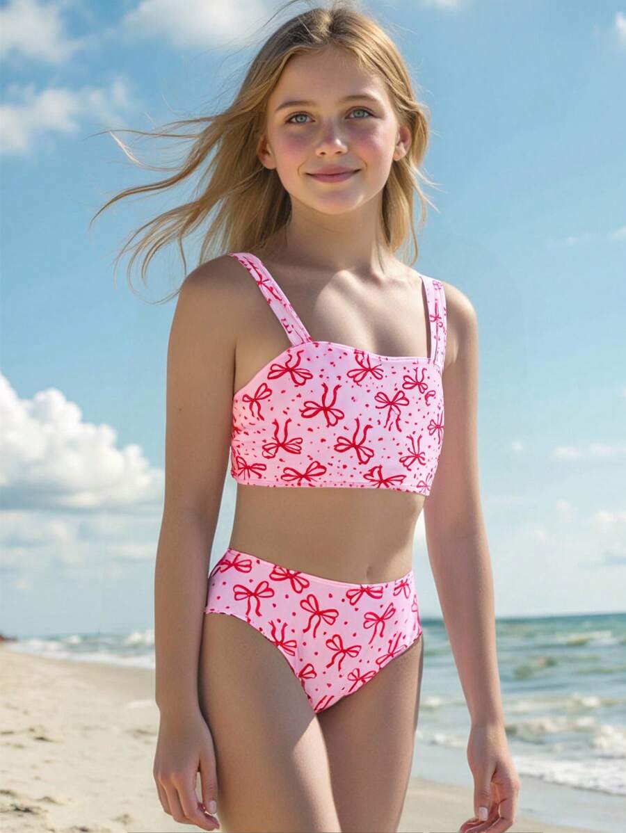 3pcs/Set Tween Girls Bowknot Print Camisole Top And Swim Bottom Tankini Swimwear Set - Multicolor - View 1