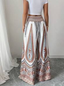 Elenzga Damen elegante modische Lässig/Pendler/Urlaubs Festival hohe Taille weite Bein Retro bedruckte Hosen (zufälliges Retro-Muster)