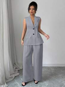 Elenzga Elegant Commuter Ladies Set: Regular Shoulder Waist Cinched Contrast Bow Splice Faux Pocket Back Hollow Wide Leg Pants & Sleeveless Jacket Suit - Grey - View 6