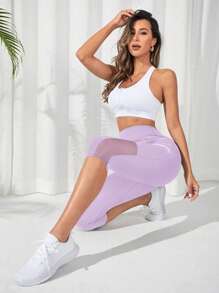 SHEIN Sports 女士拼接网眼健身 3/4 紧身裤、日常健身运动短裤 - 紫色 - 查看 5