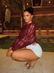 SHEIN SXY 新款设计春秋休闲宽松不对称下摆镂空钩针流苏个性时尚女式套头毛衣 - 酒紅色 - 查看 4