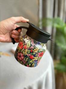 1 件 800 毫升花卉画咖啡壶，316 不锈钢保温瓶，带茶叶浸泡器和保温功能 - 黑色 - 查看 5