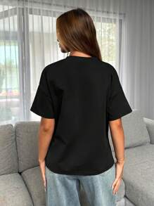 SHEIN Essnce Plus-Size Women's Top, Short-Sleeved T-Shirt, Summer Outing Top, Women's Casual T-Shirt,Summer Outfits For Women Cute Tops Going Out Tops Women Going Out Outfits - Black - View 2