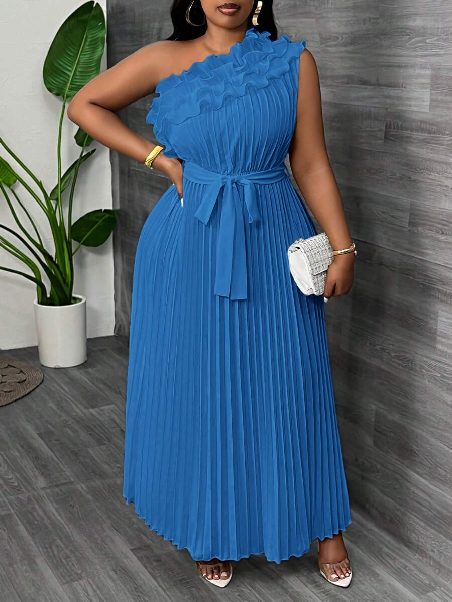 Slaydiva Plus Size Elegant Formal Party Asymmetric Shoulder Ruffle Waisted Pleat Dress, Apricot Color, Summer