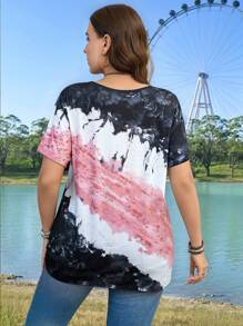 SHEIN LUNE T-shirt simple à manches courtes, style casual grande taille, pour un port quotidien en été et au printemps pour femmes. Hauts d'été, t-shirts imprimés d'été pour femmes, t-shirts casual et d' décontractés - Multicolore - Voir 2