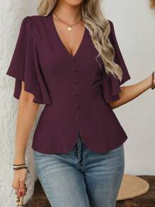 SHEIN Clasi Camisa elegante de mujer con cuello en V, decoración de botones, volantes fruncidos, mangas campana y cintura ceñida con línea A, para uso laboral, casual y de vacaciones, primavera/verano - Rojo violeta - Ver 6