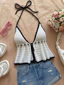 Elin Vora 全新夏季女式无袖细肩带背心，欧美风格，抽绳休闲针织背心 - 黑與白 - 查看 8