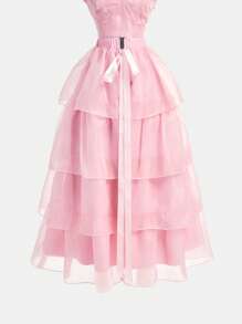 Vestido de 2 en 1 para adolescentes para la temporada de Eid/Boda, vestido corto lindo con decoración de lazo de encaje y tul sin mangas, con vestido largo con volantes desmontable, estilo elegante - Rosa - Ver 8